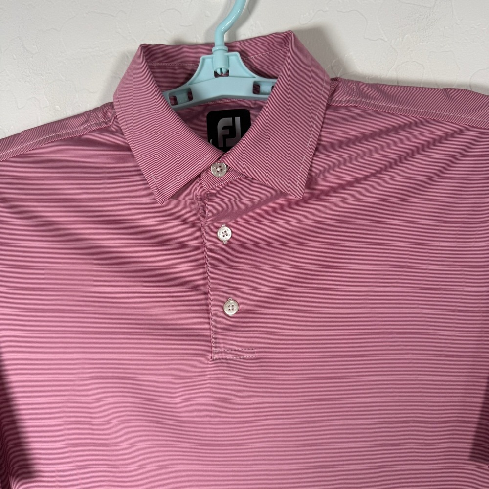 FootJoy Polo Shirt Mens Medium Pink‎ Striped Golf Performance Stretch Casual